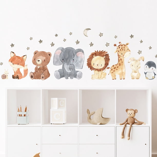 Pegatinas de pared con dibujos de elefantes, león, jirafas, estrellas y lunas, autoadhesivas, decorativas para habitación de niños