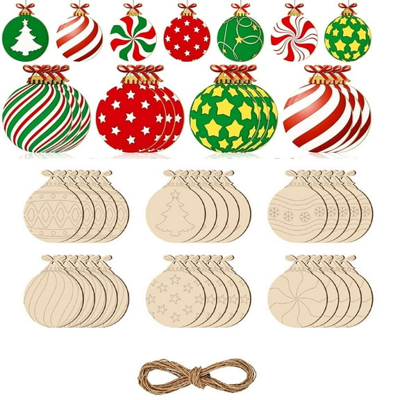 Yhmxh 30Pcs Wooden Christmas Ornaments to Paint, 6 Styles DIY Blank Unfinished Wood Christmas Ball Wood Christmas Crafts Christmas Decoration Xmas Ornament for Christmas Tree Winter Hanging Decor