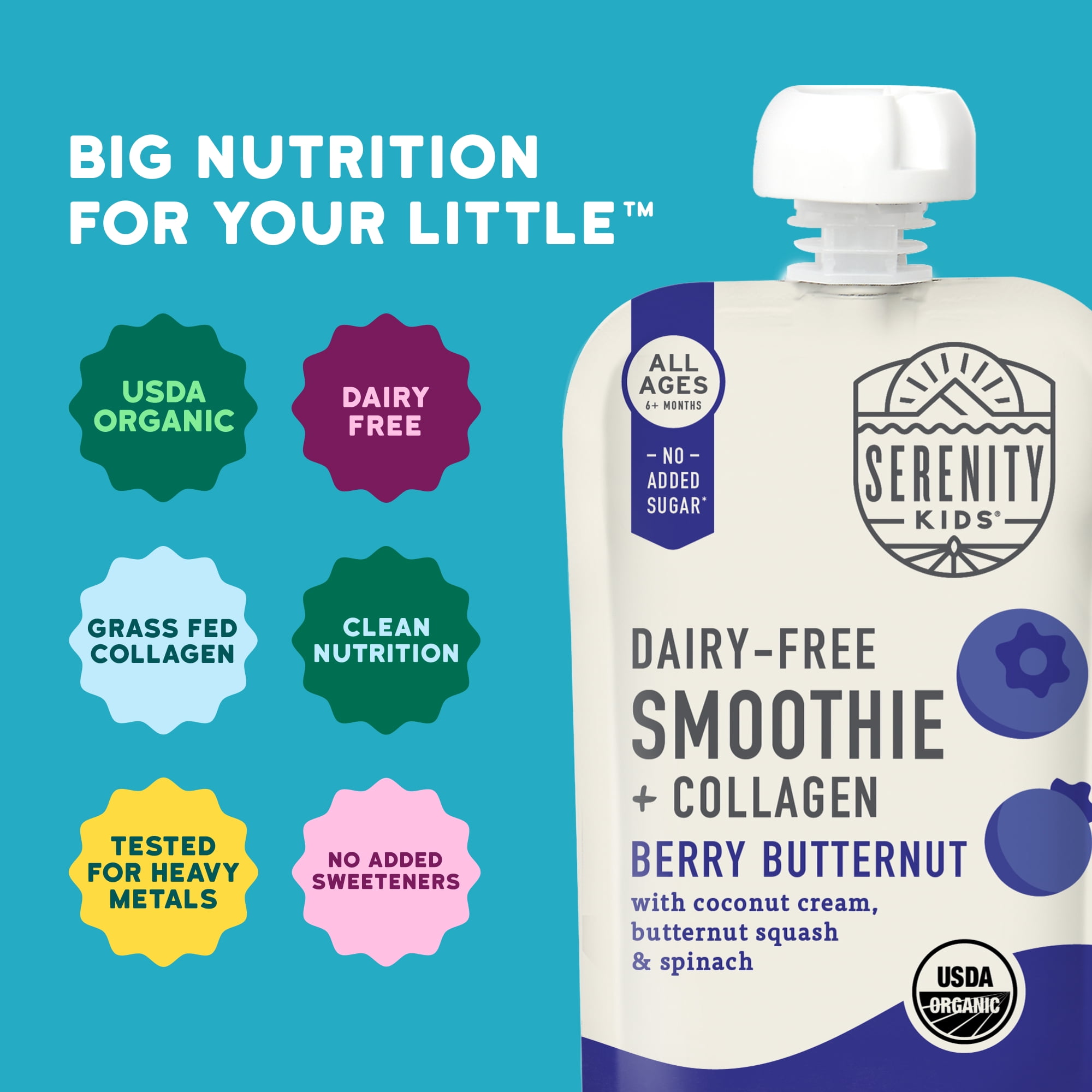 (6 pack) Serenity Kids Dairy Free Organic Berry & Butternut Smoothie + Protein Stage 2 Baby Food Grass Fed Collagen, 3.5oz Pouch