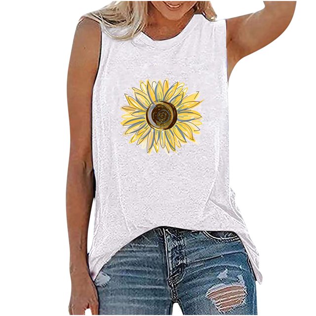 Pompotops Womens Tank Tops Casual Loose Fit Plus Size Sunflower Printed Tee Shirts