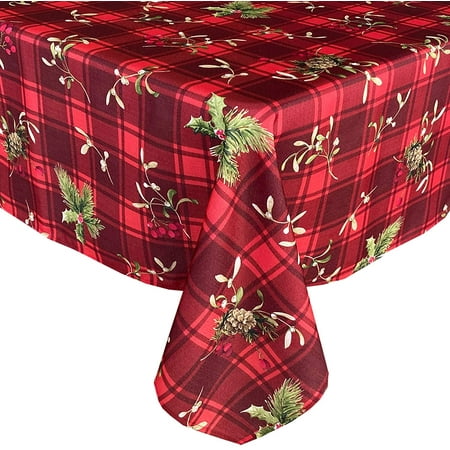 

Newbridge Holiday Spruce Plaid Christmas Fabric Tablecloth Holly Evergreens Acorn and Red Plaid Print Xmas Soil Resistant No Iron Easy Care Tablecloth 60 Inch x 120 Inch Oblong/Rectangle
