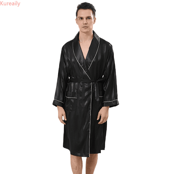 Kureaily Male Robe Satin Bathrobe With Shorts Set Wide Striped Jacquard Pajamas Silky Kimono Robe Two-Pieces Loungewear