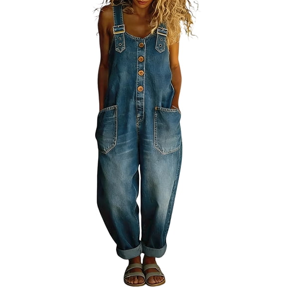 Textilo Women's Denim Bib Overalls Wide Leg Button Front Jumpsuits with Pockets Adjustable Straps Sleeveless Jean Romper Casual Baggy Loose Vintage Y2k Outfit,Blue 2XL