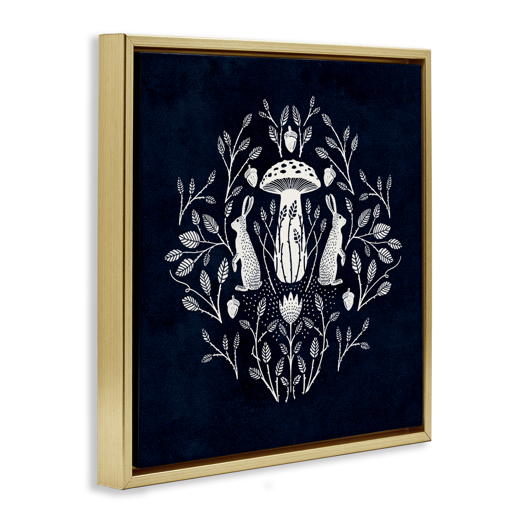 Stupell Industries Botanical Rabbits & Mushroom Plants & Flowers Painting Gold Floater Framed Canvas Art Print Wall Art, 18 x 18