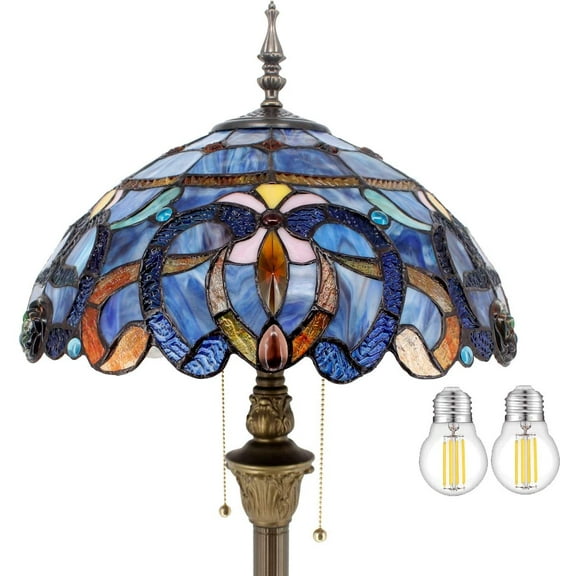 Tiffany Floor Lamp Glam LED Bright Antique Standing Reading Light 64" Tall Blue Purple Stained Glass Shade Boho Industrial Bronze Pole Vintage Base Kids Bedroom Living Room Farmhouse Office