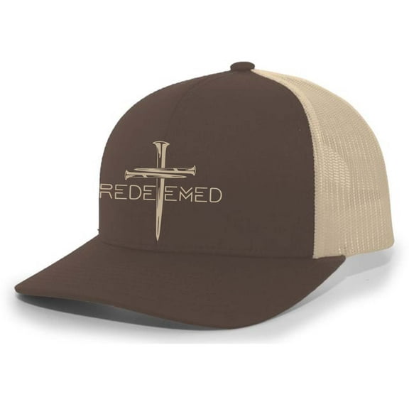 Christian Redeemed Cross Nails Mens Embroidered Mesh Back Trucker Hat, Brown/Khaki