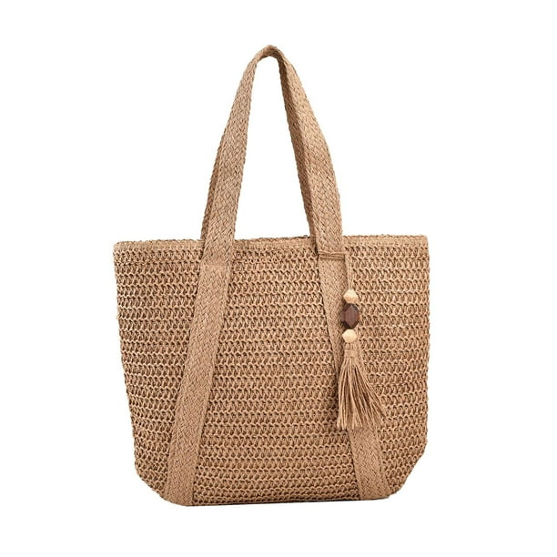 Bolso de hombro para mujer, bolso de mano tejido para mujer, bolso de compras, bolso de viaje, bolso bohemio de verano. Marrón claro
