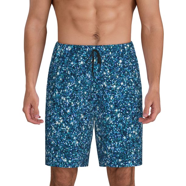 Balery Blue Glitter Pantalones cortos de pijama de punto de algodón para hombre con cinturilla y bolsillos-Small