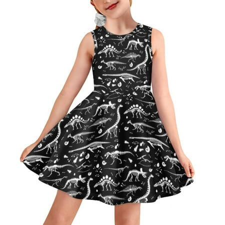 

Pzuqiu Black Dinosaur Fossils Girls Dresses Sleeveless A-Line Skater Sundress All Over Print Casual Holiday Dresses for Toddler Girls 3-4 Years