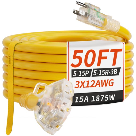 Enchufes de cable de extensión AF calibre 12/3 de 50 pies para exteriores con 3 enchufes