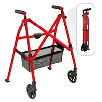 Stander Wonder Walker Plus, Lightweight Folding Rolling Walker for Seniors, Collapsible Travel EZ Fold-N-Go Walker with Wheels, Glides, & Basket, Compact Standard Walker, Red