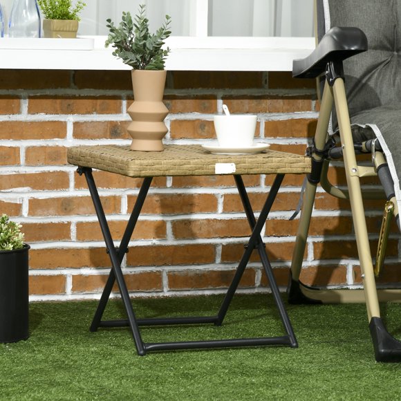 Nature Wood PE Rattan Coffee Table - 16" Round End Side Table with Foldable Metal Frame, Weather-Resistant Wicker for Patio, Balcony, Living Room & Backyard