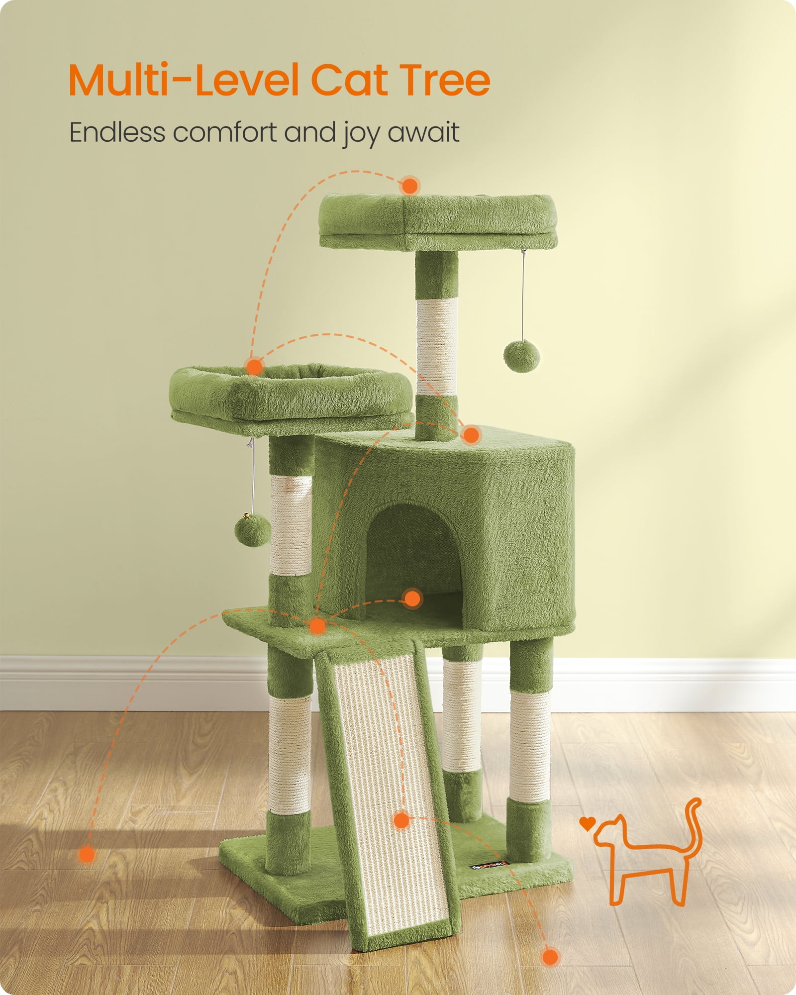 45.3-Inch Cat Tower with Scratching Ramp, Multi-Level Cat Condo with Spacious Cave & 2 Perches, 110 lb Capacity for Adult Cats Kittens, Grass Green