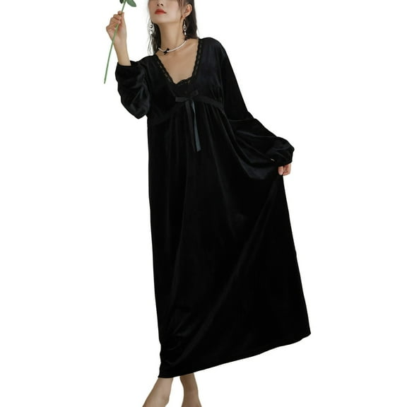 SWSMCLT Women's Velvet Nightgown Velour Long Sleeve V Neck Lace See Through Vintage Spring Sleep Dress Soft Warm Long Night Gown Black Small