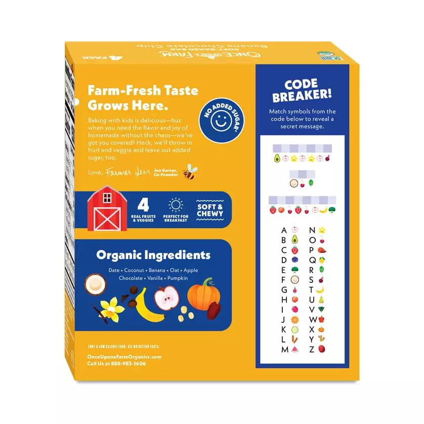 Once Upon a Farm | Organic Banana Chocolate Chip Soft Baked Bar | Chocolate, Banana, Vanilla & Oats | Made with Real Fruit & Veggies | No Added Sugar | 8 Boxes