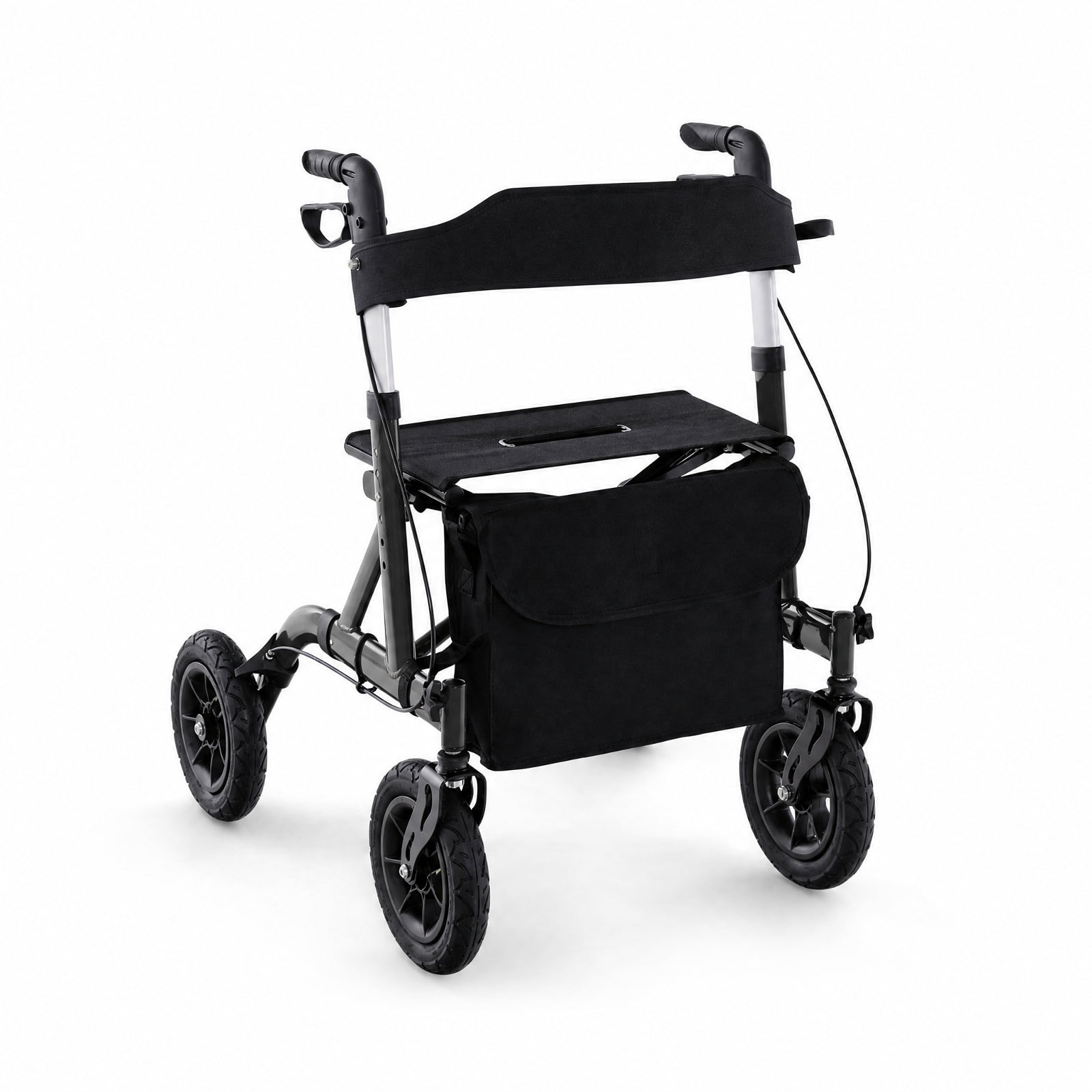 Vebreda Height Adjustable Foldable Rollator Walker with Padded Seat Storage Bag and All Terrain Pneumatic Wheels for Seniors and Elderly, Black