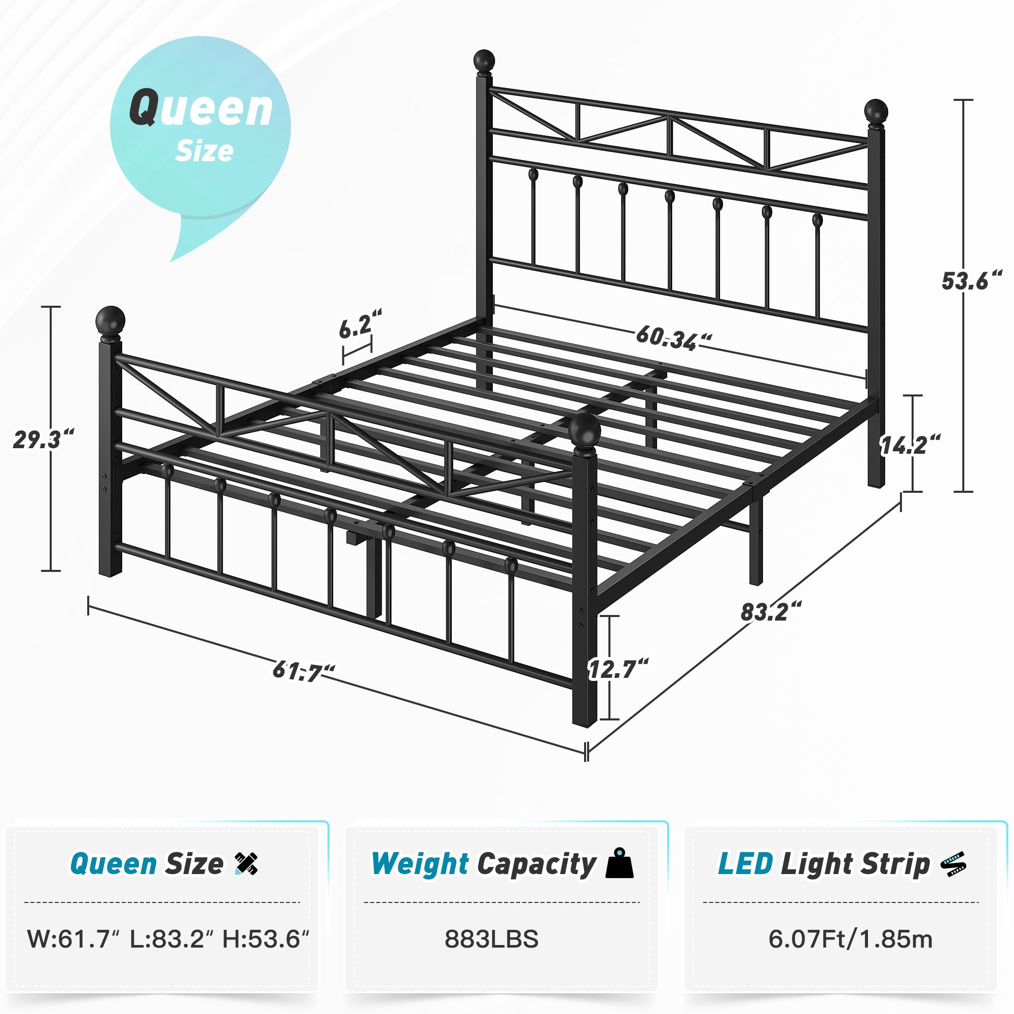 EnHomee Queen Size Metal Platform Bed Frame Metal Bed Frame Queen with Headboard & Footboard Bed Frame with LED Lights & Storage,Noise Free,Black