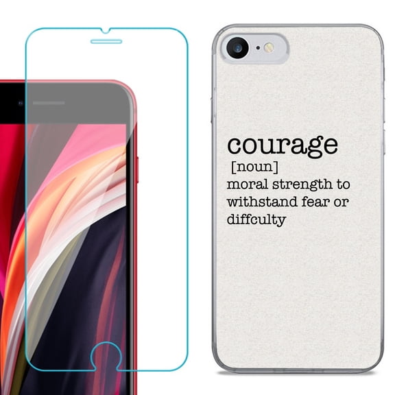 Slim-Fit Fashion Gel Phone Case for iPhone SE 2022, with Tempered Glass Screen Protector, by OneToughShield ® - Dictionary/Courage