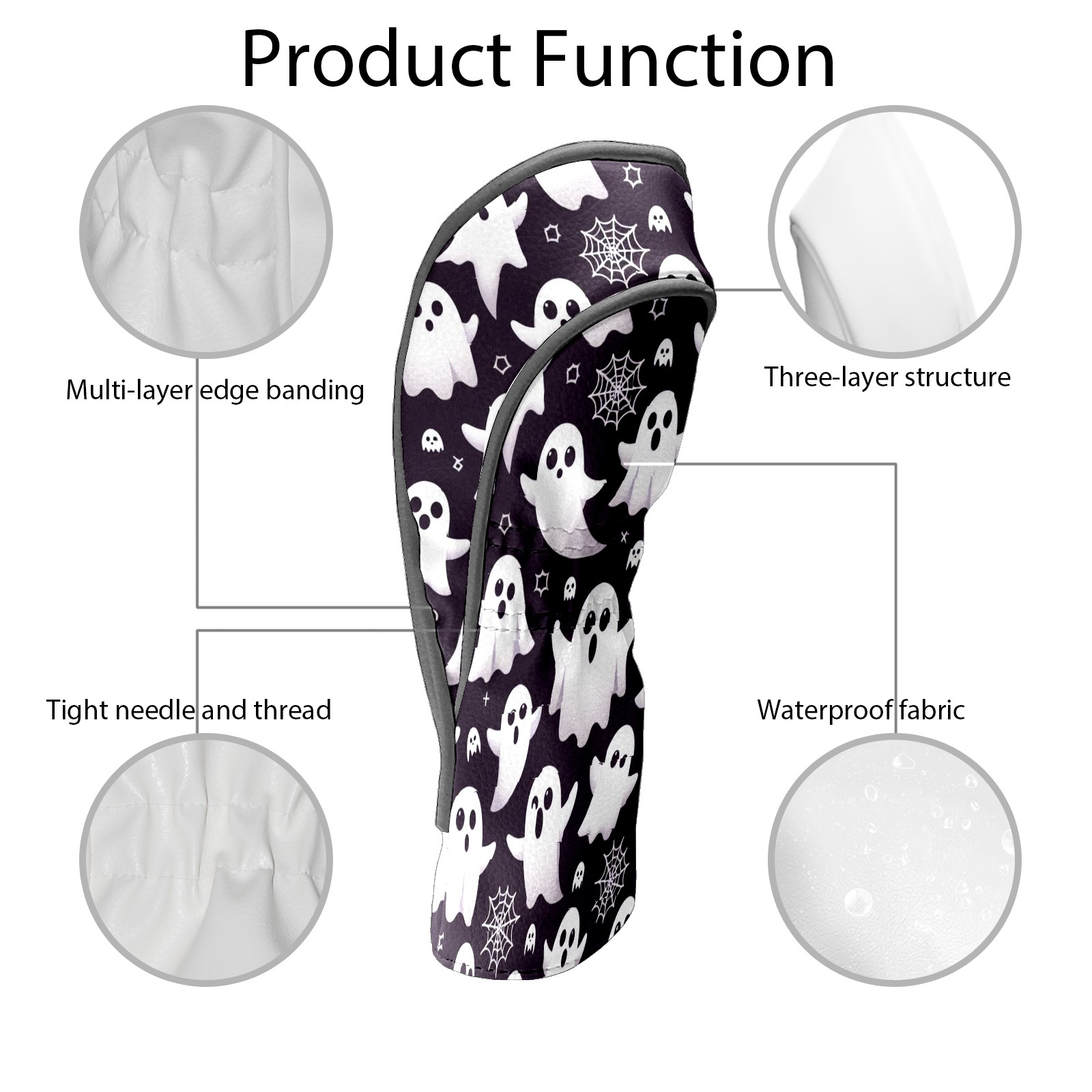Golf Club Covers, Purple Ghost Snow Premium PU Leather Driver Hybrid Putter Head Covers with Velvet Lining, Waterproof Golf Gifts for Men Women