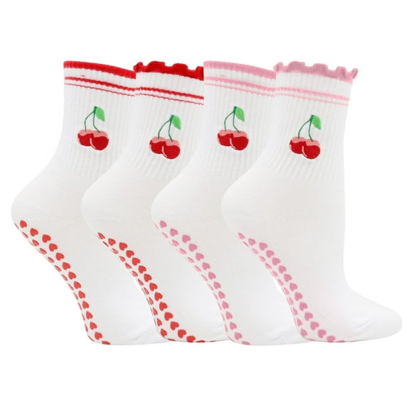 VEGCOO 4 Pairs Non Slip Grip Socks - Ideal for Yoga, Pilates - Women's Crew Sticky Gripper Socks Cute Cherry, Bow & Stripe Patterns