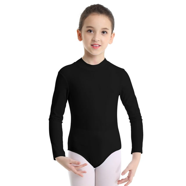 YUUMIN Justaucorps à Manches Longues pour Filles, Col Montant, Danse de Ballet, Gymnastique, Justaucorps de Ballerine, Hauts de Sport de Danse, Noir TG