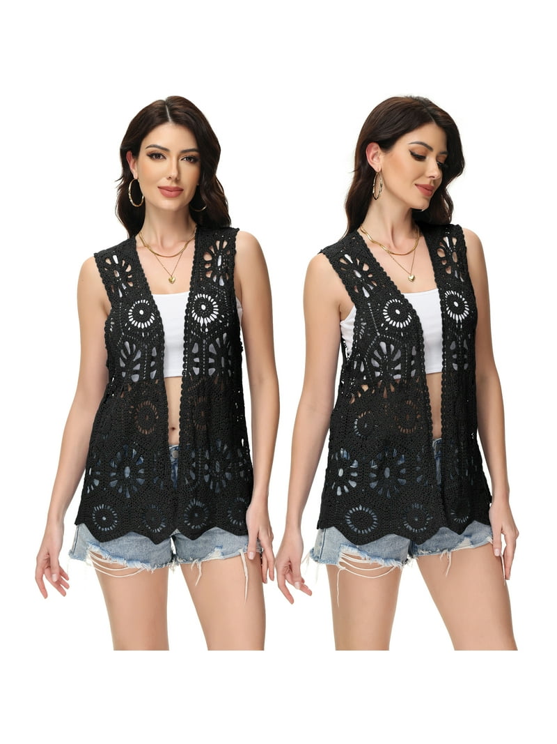 Women's Flower Crochet Vest Sleeveless Boho Lace Cardigan, Medium