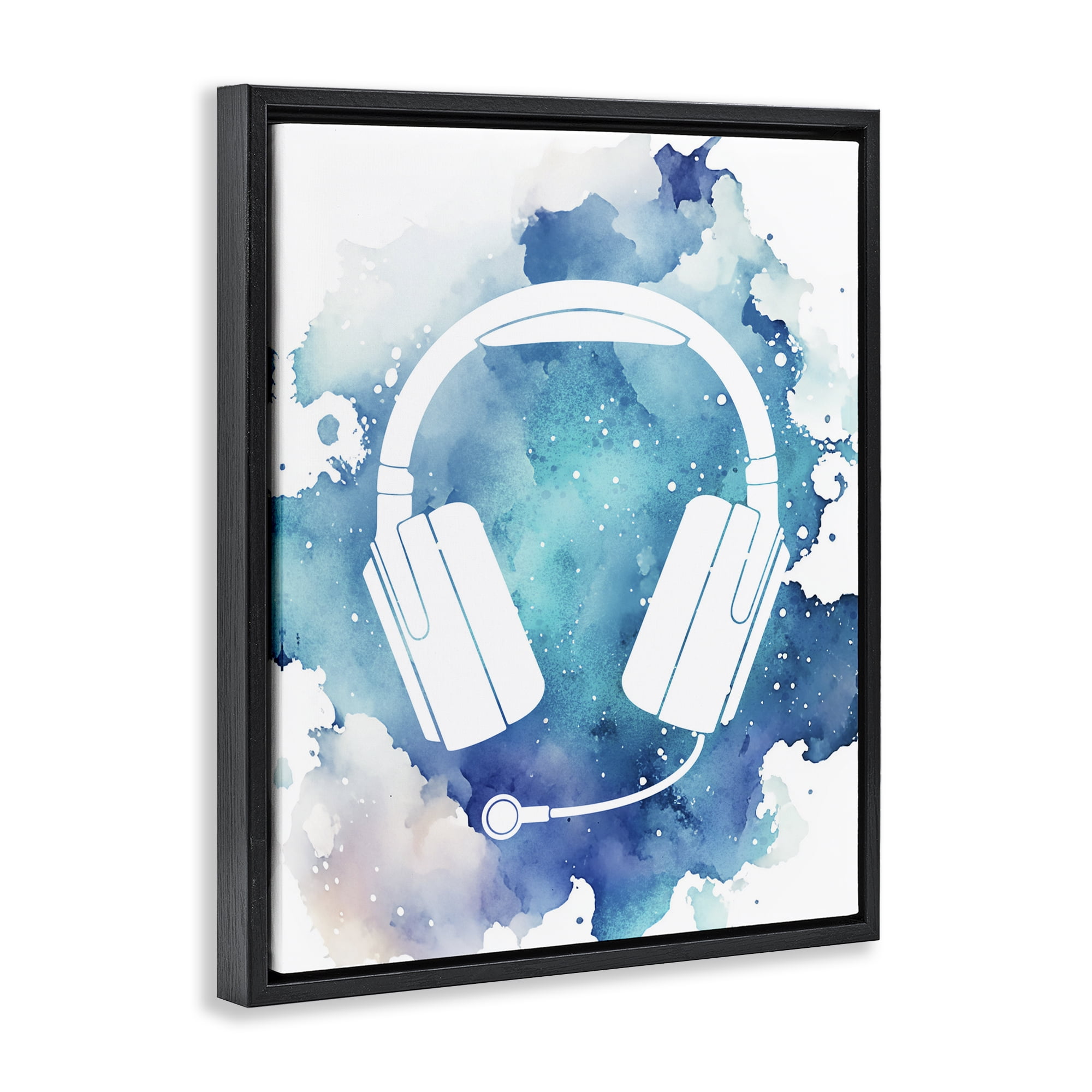 Blue Headphone Splatter Black Framed Floater Canvas Wall Art, design by Marcus Prime