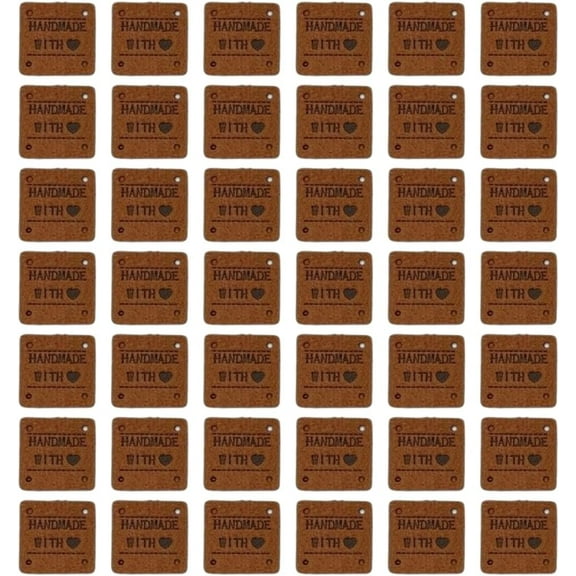 60Pcs 1 x 1 Inch PU Leather Tags Brown Square Handmade with Love Heart Embossed Microfiber Leather Labels for Crochet Embossed DIY Jeans Bags Shoes Crafts Sewing Knitting Hats