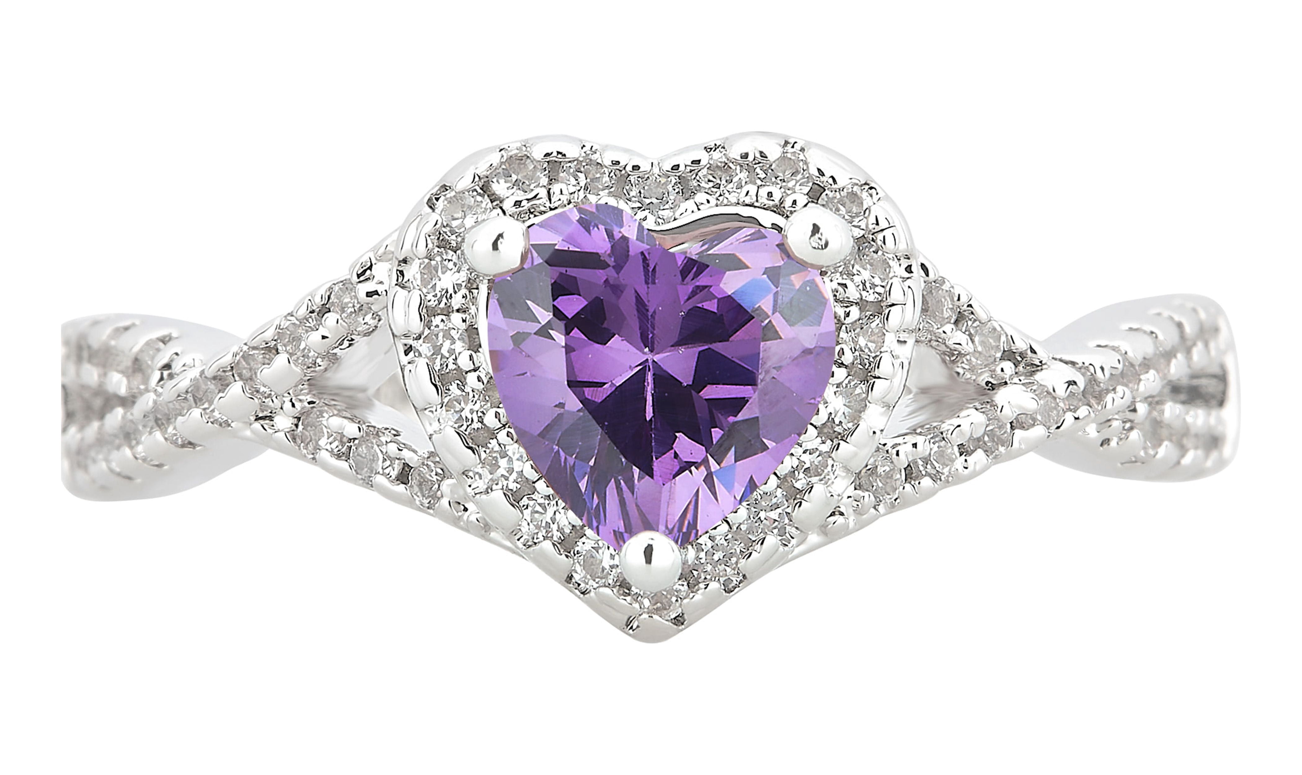 Arista Created Amethyst and White Sapphire Fashion Heart Engagement Ring in Silver Overlay