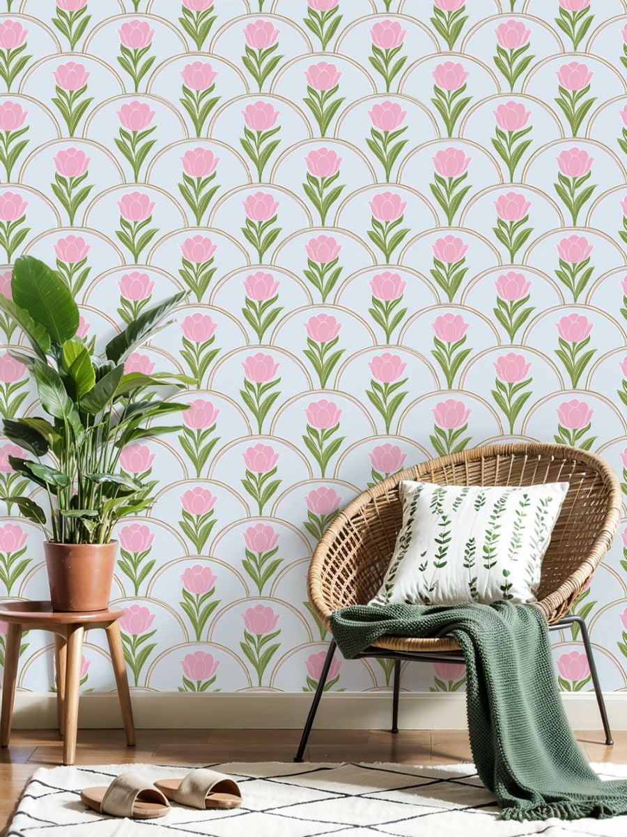 Peel and Stick Wallpaper Pink Tulip Floral Arches Blue Wall Mural 23.6in x 9.8ft Self Adhesive Removable Wall Paper Renter Friendly Wallpaper for Nursery Bedroom Cabinets