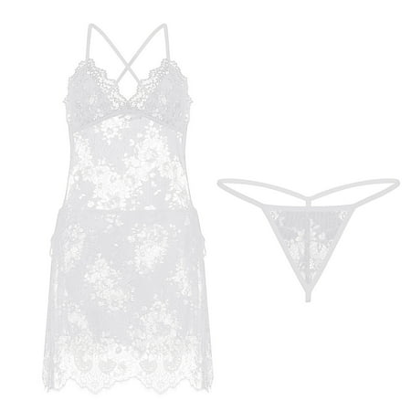 

Fsqjgq Underwear Women Mans Under Ware Women Lace Lingerie Set Halter Underwear Strap V See-Through Nightgown Nightdress Deep Large Pack Womens Underwear Nylon White