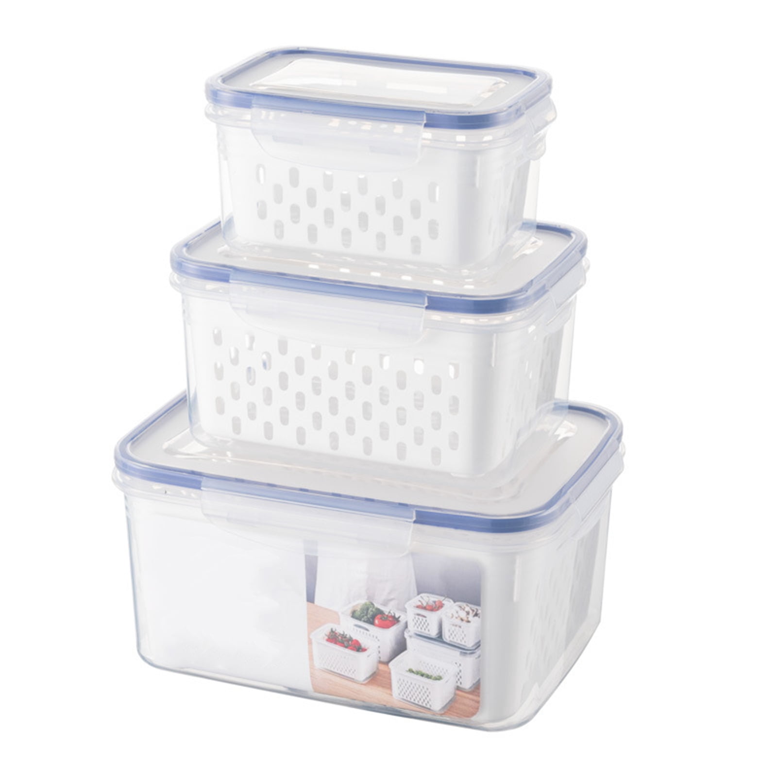 3 Packs Fruit Storage Containers with Airtight Lid & Removable Colander, Fresh Produce Save Fruit Vegetable Container Fridge Organizers for Salad Mix Lettuce Berry Meat Food, Fruit Veggie Baskets