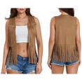thumbnail image 3 of Women 70s Hippie Faux Suede Rivets Sleeveless Fringe Waistcoat Open Front Boho Western Jacket Cardigan Earthy Yellow M, 3 of 7