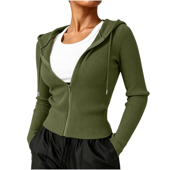 Uaswgudfs Women's Ribbed Cardigan Hooded Zip Up Sweater Long Sleeve Slim Fit Casual Soft Knit Winter Warm Lounge Top for Daily Home Wear