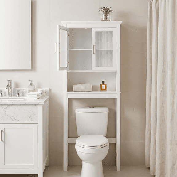 PAWON Over The Toilet Storage Cabinet with Fluted Glass Doors, Bathroom Space Saver, White
