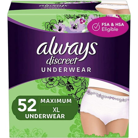 Always Discreet Incontinence & Postpartum Incontinence Underwear for Women, X-Large, 52 Count, Maximum Protection, Disposable (26 Count, Pack of 2 - 52 Count Total), Packaging May Vary.