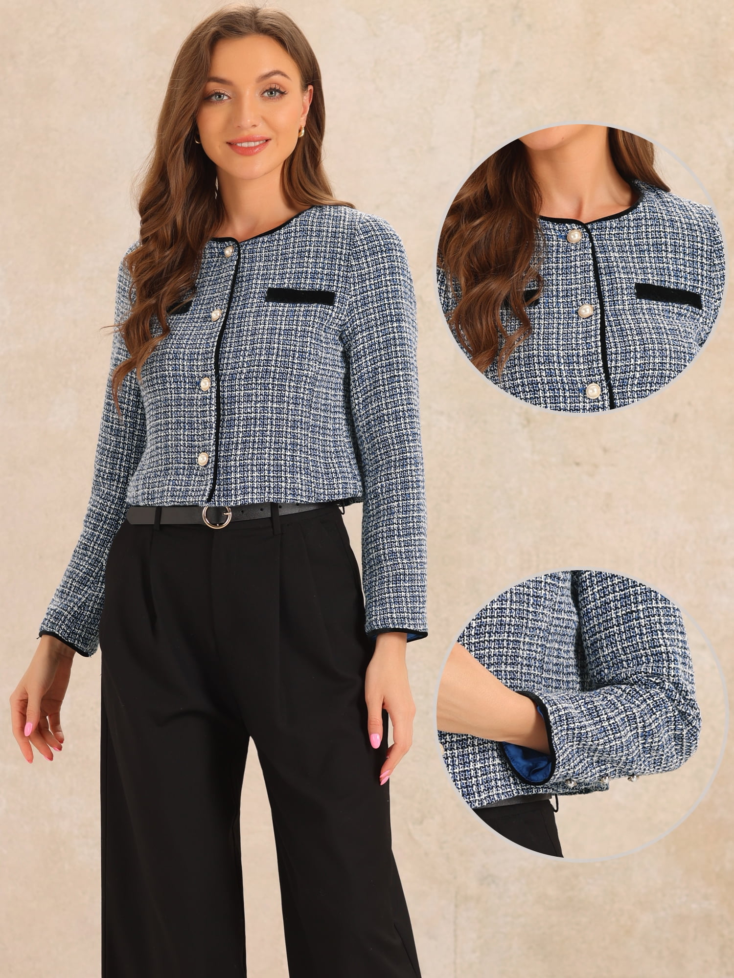 DARING DIVA Tweed Jacket Round Neck Button Front Closure Long Sleeve XS Blue White