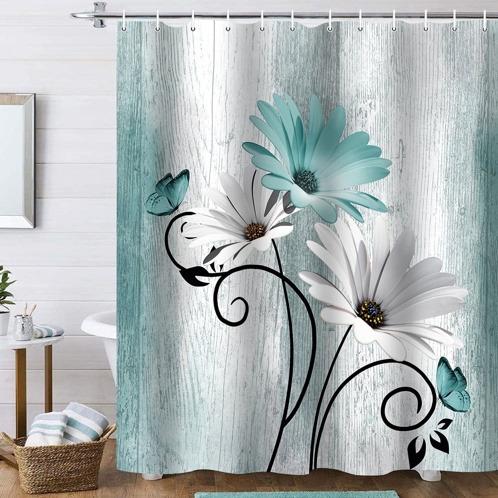 Hadint 4Pcs Teal Daisy Floral and Butterfly Shower Curtain Set, Shower Curtain and Rug Set, 12 Pcs Hooks, 71inx71in