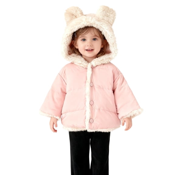 BRGZLK Kids Coat Fall Winter Long Sleeved Cute Bear Shaped Hat Thickened Padded Button Up Casual Cozy Jacket for Girls Pink 1-2 Years