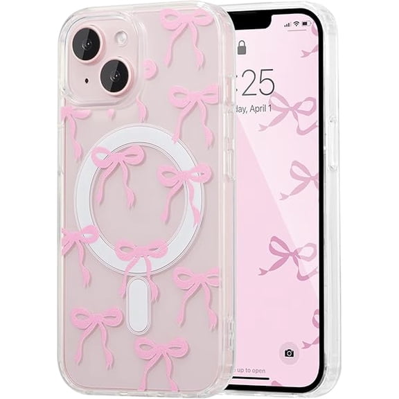 xixishop Magnetic for iPhone 14 & iPhone 13 Case, Bow Case Compatible with MagSafe, Wireless Slim Clear Ribbon Phone Cover Anti-Yellowing Shockproof Protective Cover for Women Girl - Pink