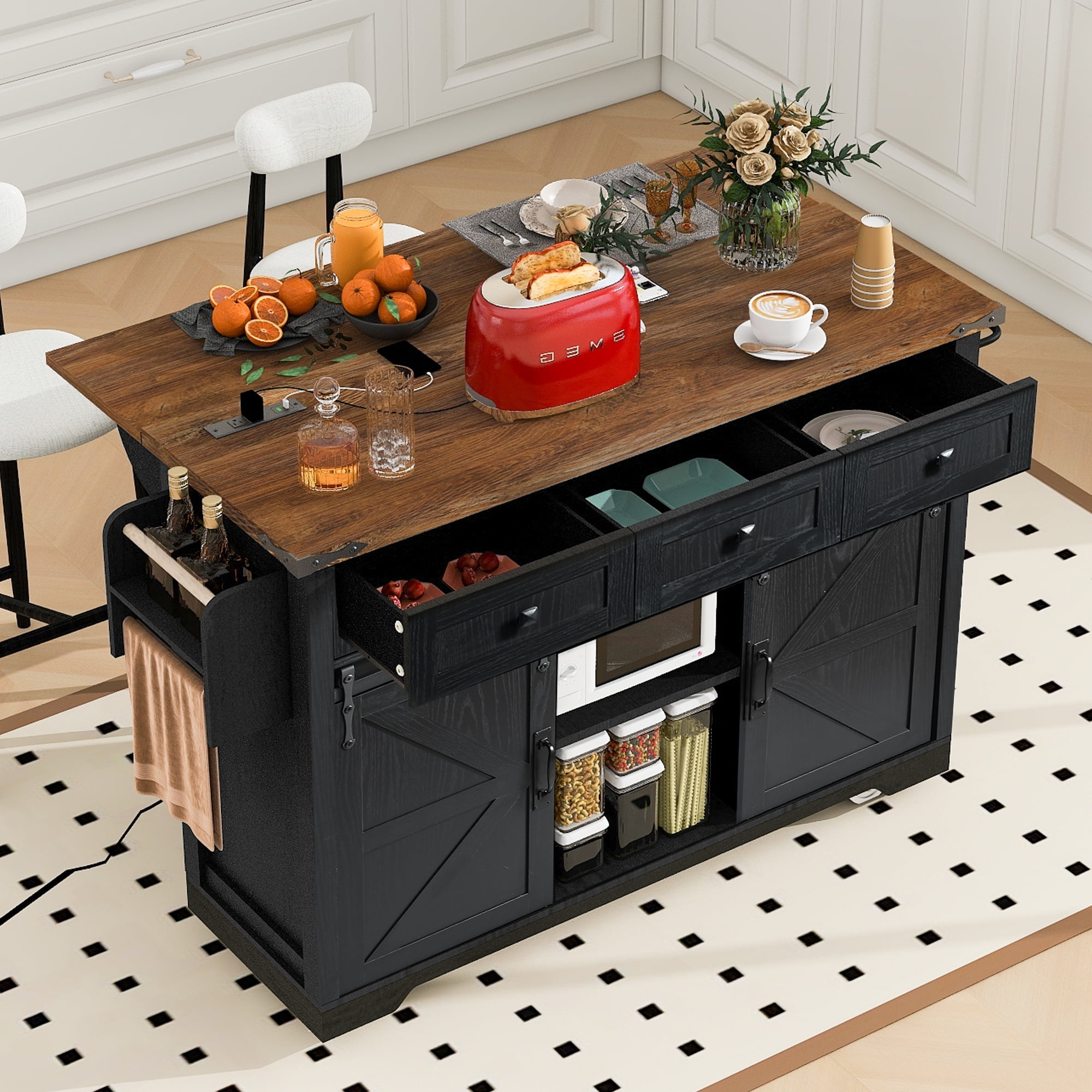 AENKYO 53.7" Farmhouse Kitchen Island with Power Outlet, 3 Drawers,2 Sliding Barn Door,Drop Leaf, Spice Rack,Rolling Kitchen Cart on Wheels for Home, Kitchen and Dining Room,Black