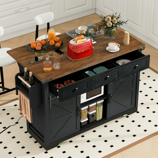 Euroco Farmhouse Kitchen Island with Power Outlet, 2 Sliding Barn Door, Kitchen Storage Island with Drop Leaf, Spice Rack, Rolling Kitchen Cart with Wheels, Black
