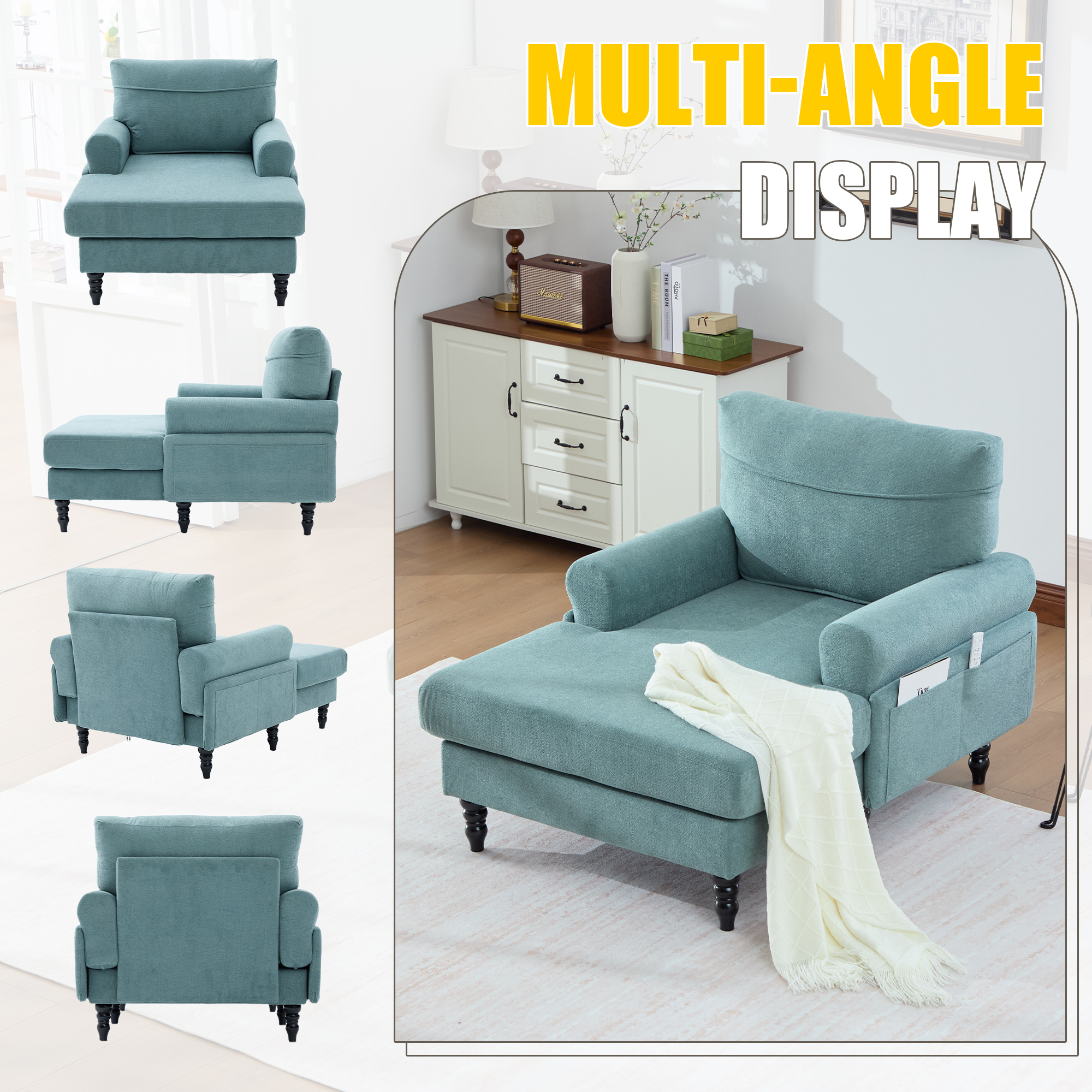 MOONMISS Chenille Upholstered Wood Frame Recliner Single Sofa with Comfortable Backrest and Armrests-Mint Green