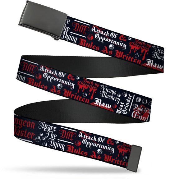 Adjustable Belt, Clamp Buckle, Cut-to-Fit, Dungeons and Dragons Dragon Master Collage Black Red White