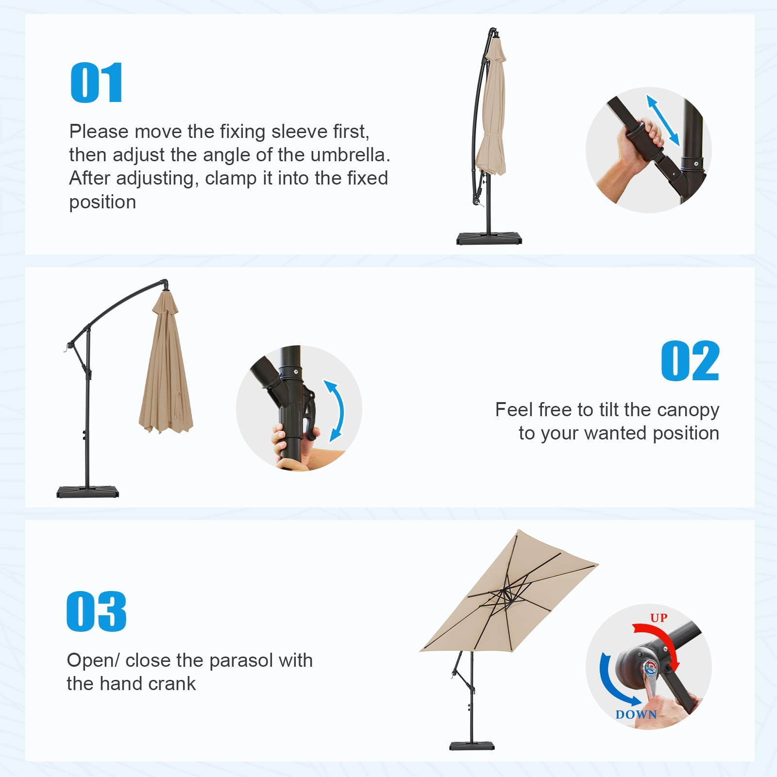 JUSTLET 8 x 8 ft Outdoor Square Hanging Offset Cantilever Umbrella for Garden, Base Included, Beige
