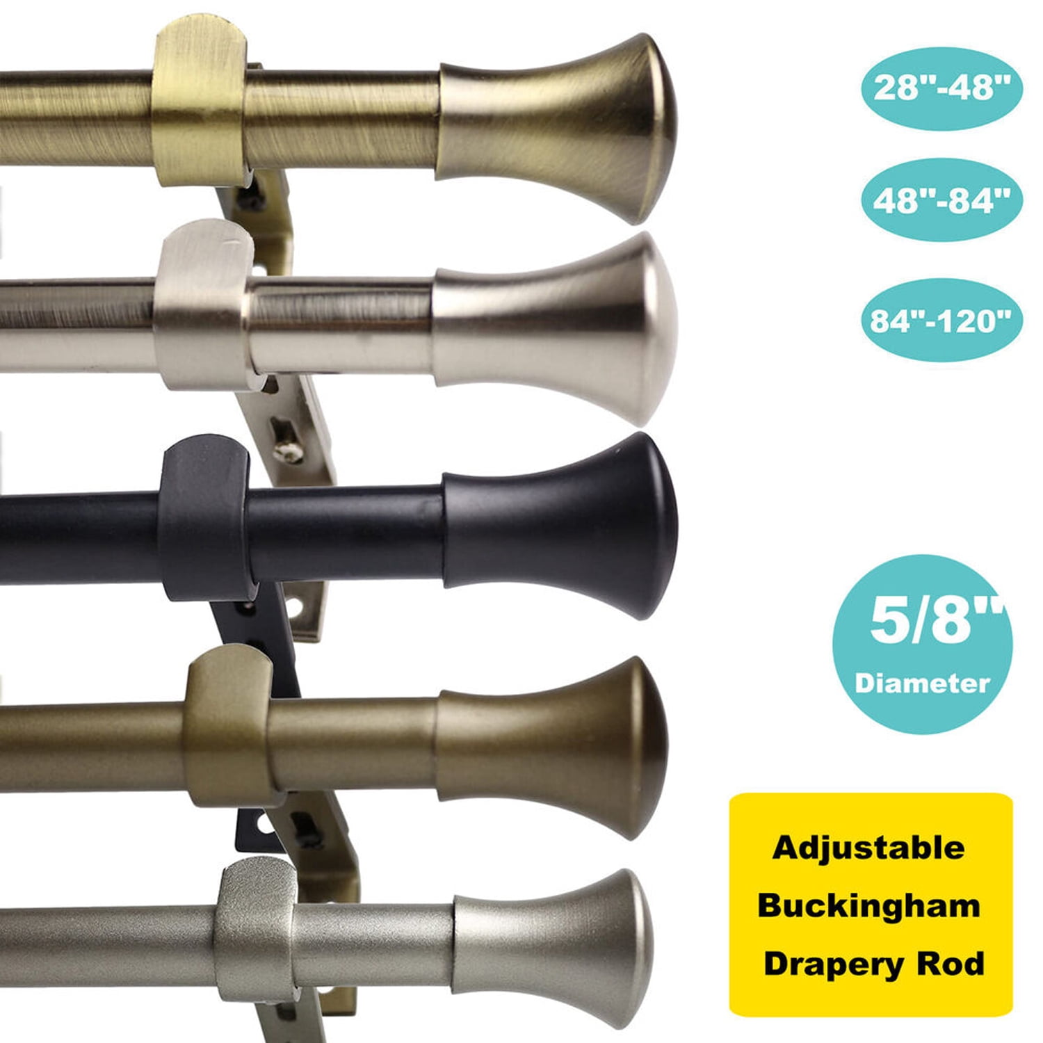QIYAA 5/8" Adjustable Buckingham Curtain Rods for Windows Drapery Rod Curtain Rod Set Metal