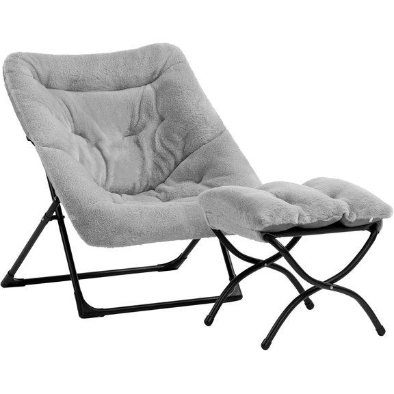 HollyHOME X-Large Saucer Chair with Foldable Ottoman, Comfy Oversized Folding Chair and Folding Footrest Stool Set, Faux-Fur Reading Chair and Footstool for Living Room, Bedroom, Grey Chair&Stool