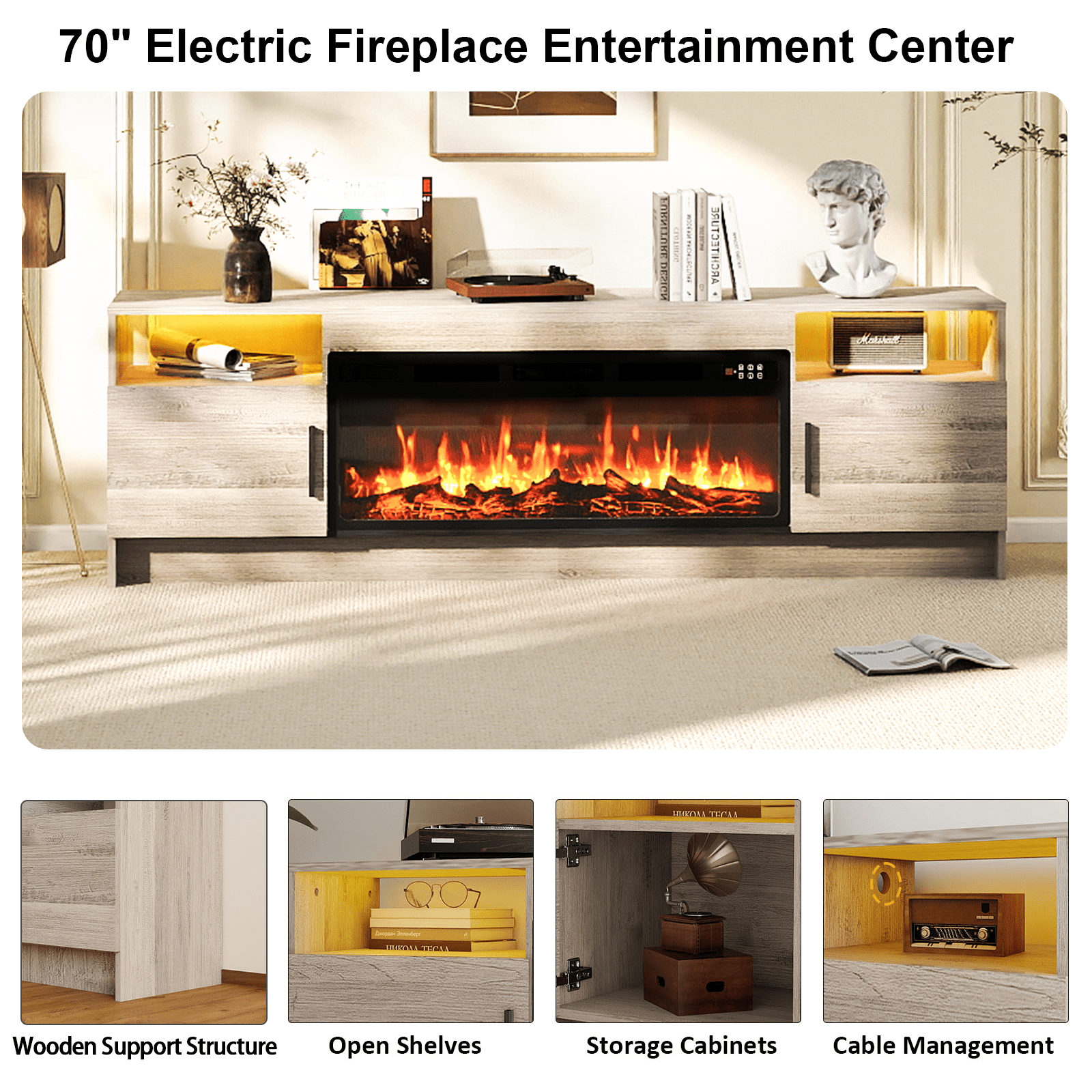 Rocyis 70” TV Stand with 3D Realistic Log Flame Electric Fireplace, Entertainment Center for TVs Up to 80-Inch, Modern TV Console with High Glossy Doors & LED Lights, Gray
