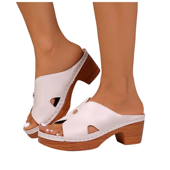 Rokment Orthopedic Mules Dressy Sandals for Women Ladies Summer Fashion Casual Leather Open Toe Platform Chunky Block High Heels Comfortable Arch Support Walking Dress Slip on Slides Beige Size 6