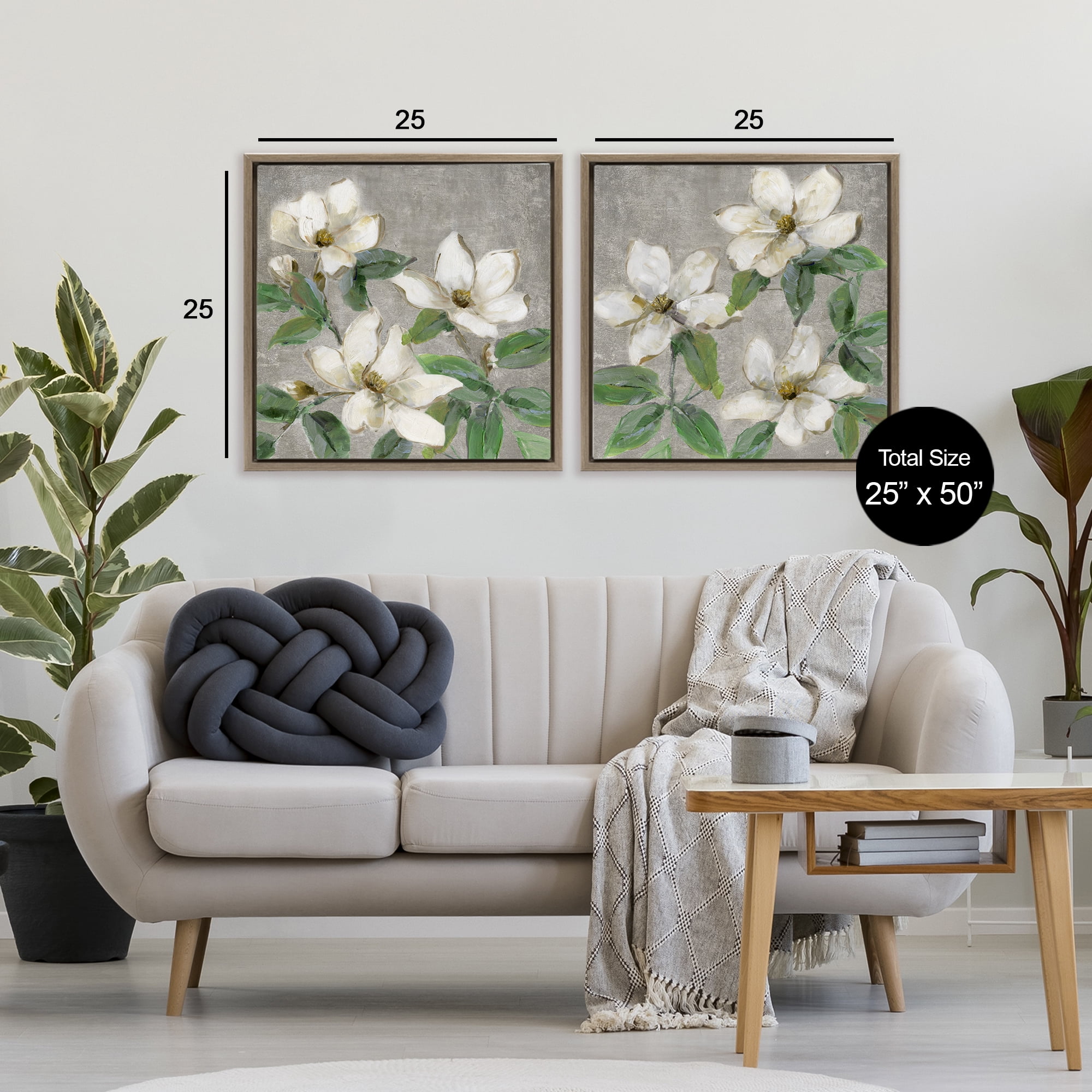 Stupell Industries Blooming Ivory Magnolias 2 Piece Brown Framed Floater Canvas Set, design by Sally Swatland